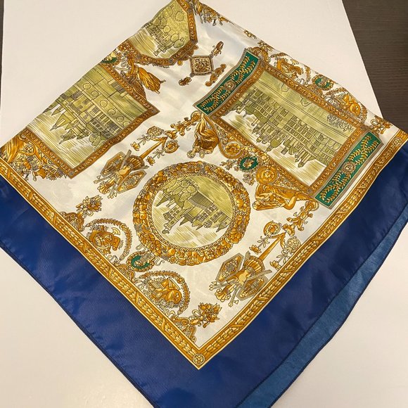 Soft Fabric Scarf Navy and Gold Castles Roman Ornate Design - Picture 3 of 9